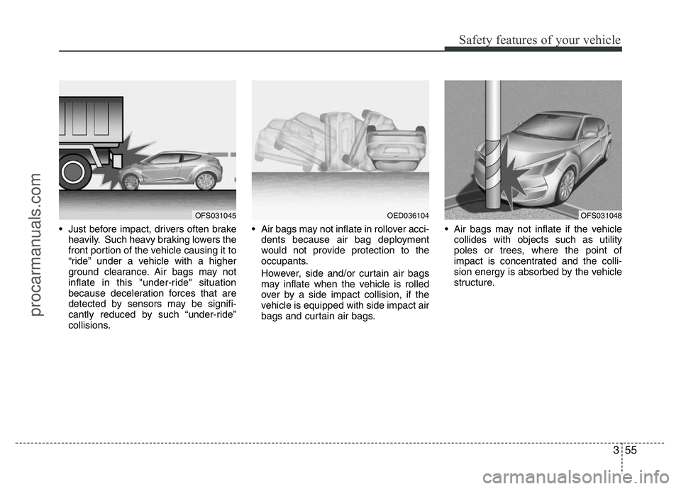 HYUNDAI VELOSTER 2011  Owners Manual 355
Safety features of your vehicle
• Just before impact, drivers often brake
heavily. Such heavy braking lowers the
front portion of the vehicle causing it to
“ride” under a vehicle with a high