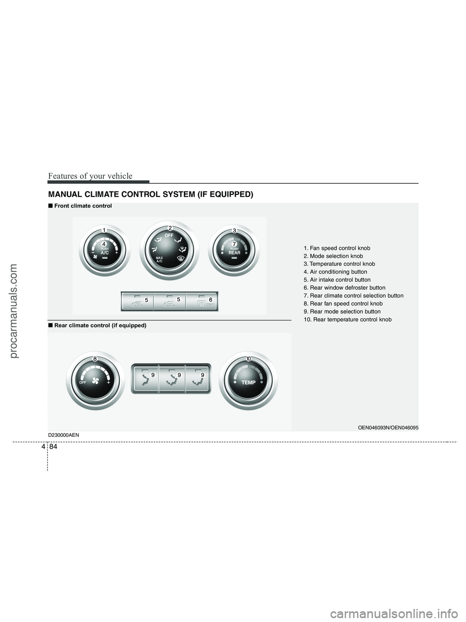 HYUNDAI VERACRUZ 2010  Owners Manual Features of your vehicle
84 4
MANUAL CLIMATE CONTROL SYSTEM (IF EQUIPPED)
OEN046093N/OEN046095
1. Fan speed control knob
2. Mode selection knob
3. Temperature control knob
4. Air conditioning button
5