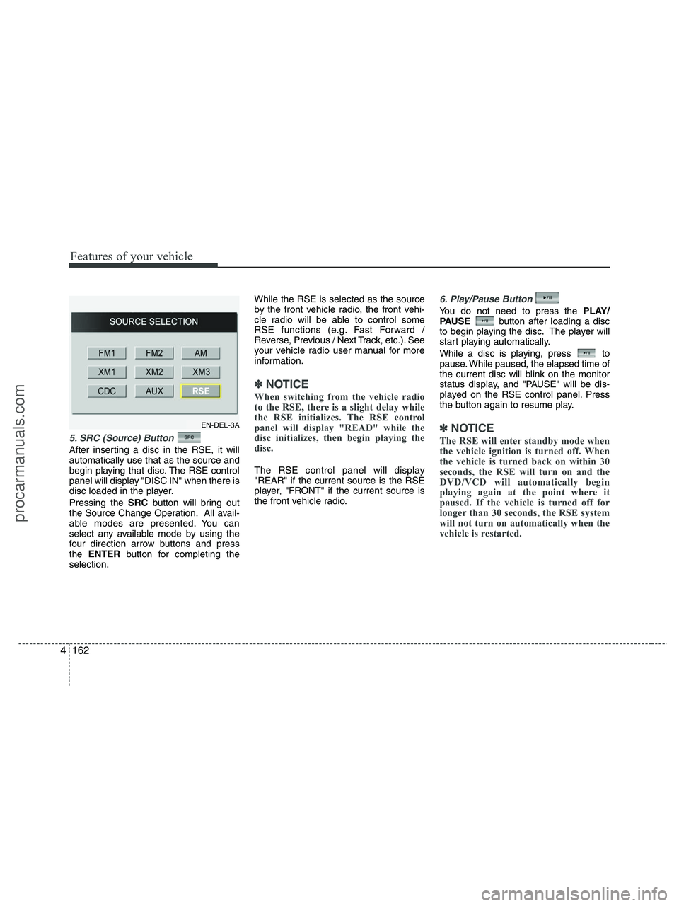 HYUNDAI VERACRUZ 2010  Owners Manual Features of your vehicle
162 4
5. SRC (Source) Button 
After inserting a disc in the RSE, it will
automatically use that as the source and
begin playing that disc. The RSE control
panel will display "