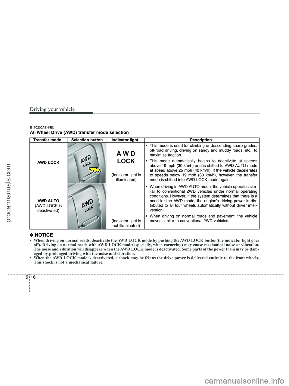HYUNDAI VERACRUZ 2010  Owners Manual Driving your vehicle
16 5
Transfer mode Selection button Indicator light Description
 This mode is used for climbing or descending sharp grades,
off-road driving, driving on sandy and muddy roads, etc