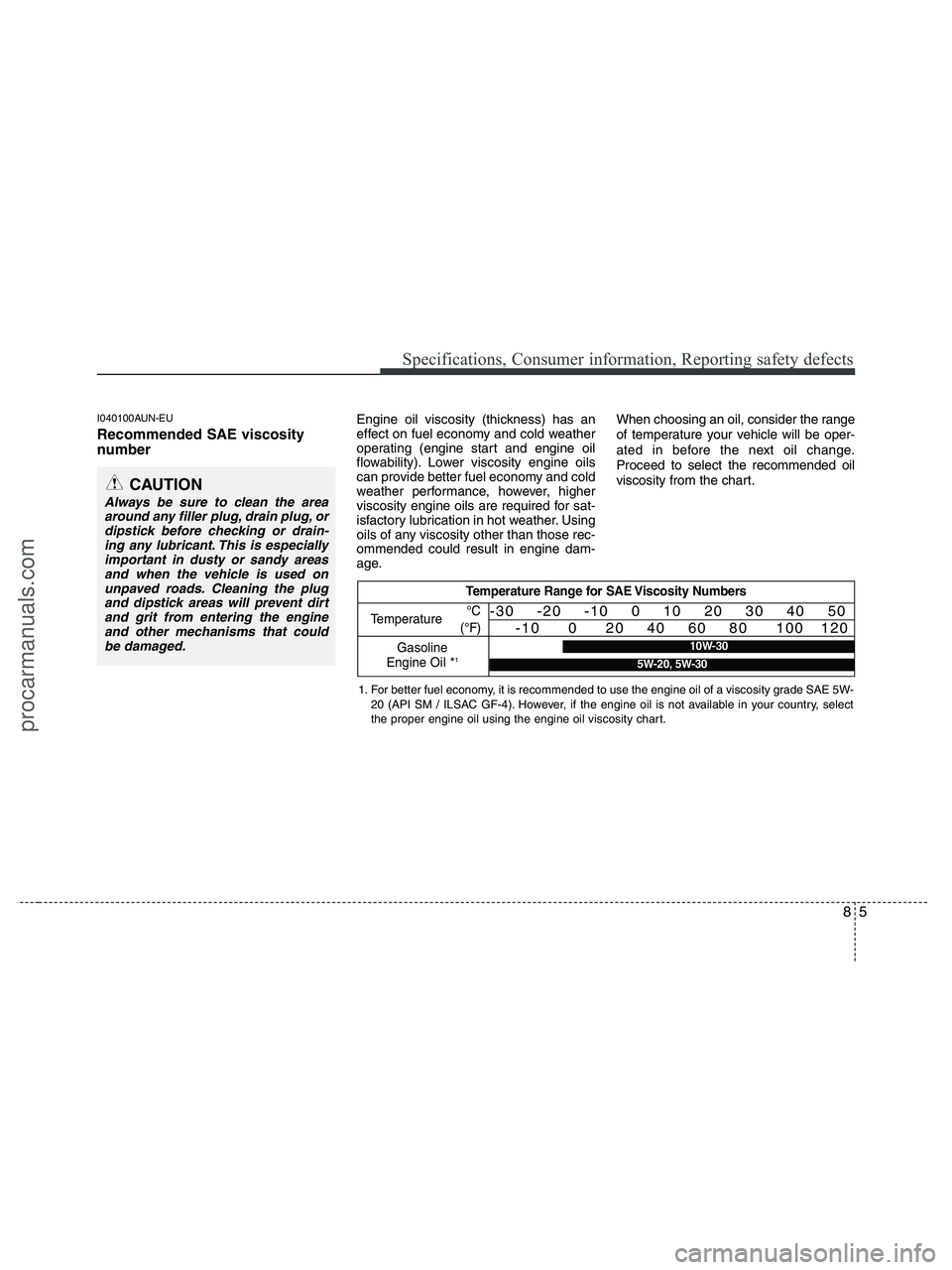 HYUNDAI VERACRUZ 2010  Owners Manual 85
Specifications, Consumer information, Reporting safety defects
I040100AUN-EU
Recommended SAE viscosity
number   
Engine oil viscosity (thickness) has an
effect on fuel economy and cold weather
oper