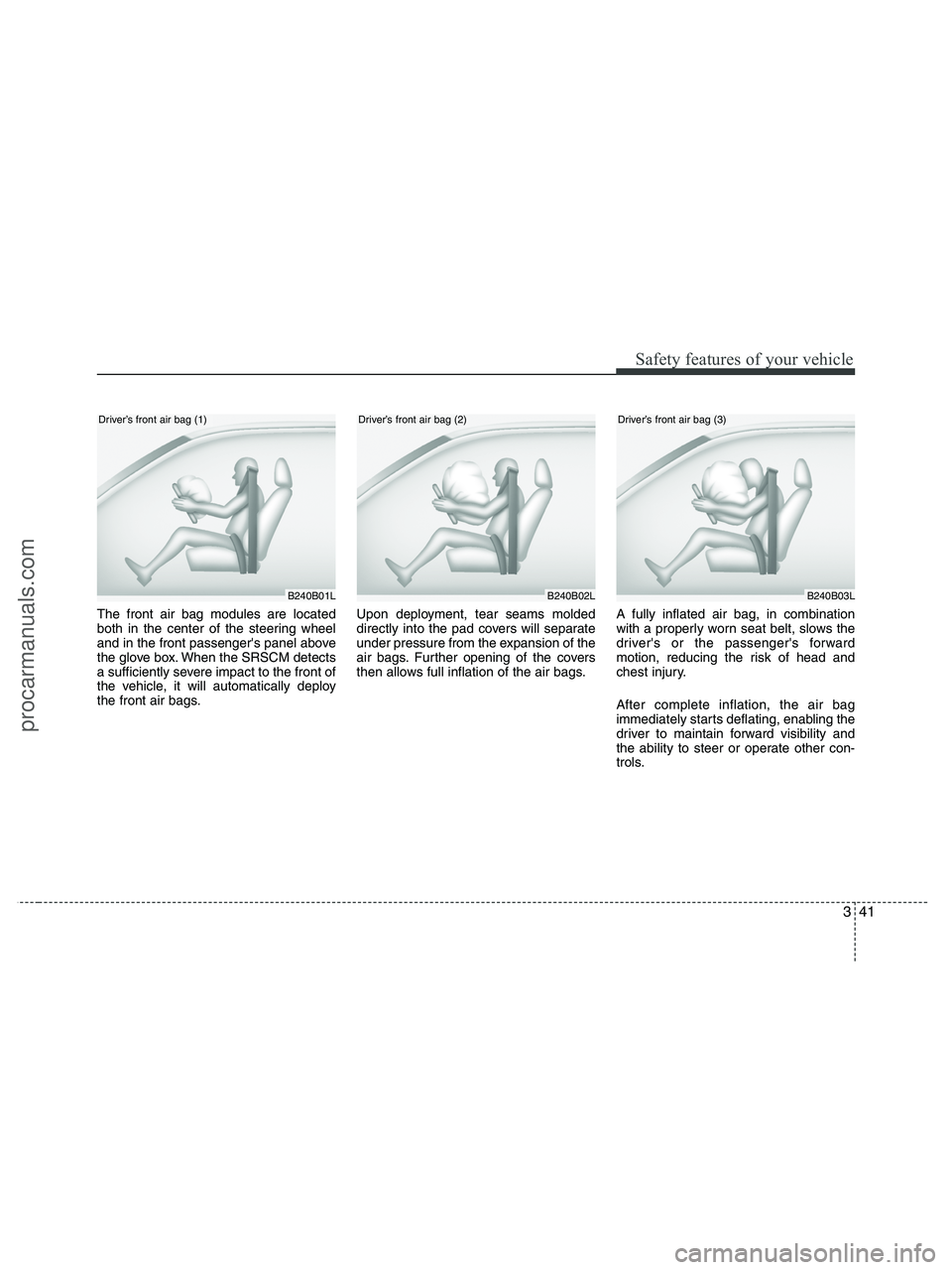 HYUNDAI VERACRUZ 2010  Owners Manual 341
Safety features of your vehicle
The front air bag modules are located
both in the center of the steering wheel
and in the front passengers panel above
the glove box. When the SRSCM detects
a suff