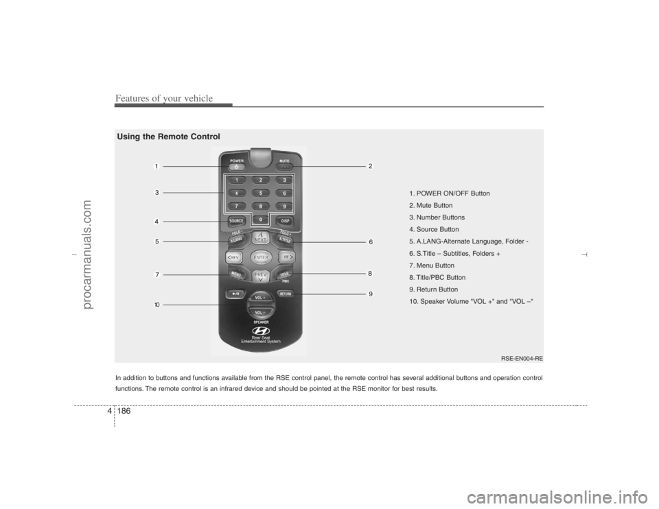 HYUNDAI VERACRUZ 2007  Owners Manual Features of your vehicle186 4
1. POWER ON/OFF Button
2. Mute Button
3. Number Buttons
4. Source Button
5. A.LANG-Alternate Language, Folder -
6. S.Title – Subtitles, Folders +  
7. Menu Button
8. Ti