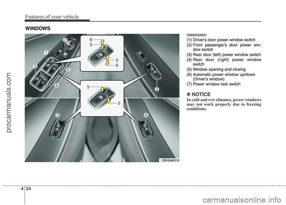 HYUNDAI VERACRUZ 2011  Owners Manual Features of your vehicle
24
4
D080000AEN 
(1) Driver’s door power window switch
(2) Front passenger’s door power win-
dow switch
(3) Rear door (left) power window switch(4)  Rear door (right) powe
