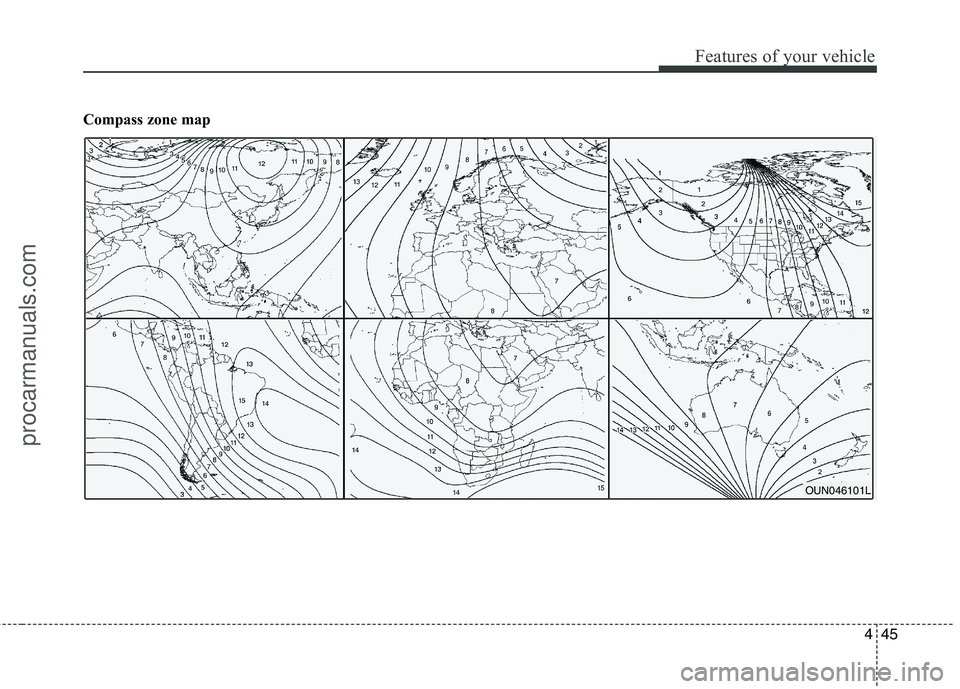 HYUNDAI VERACRUZ 2011  Owners Manual 445
Features of your vehicle
Compass zone map
OUN046101L
procarmanuals.com  