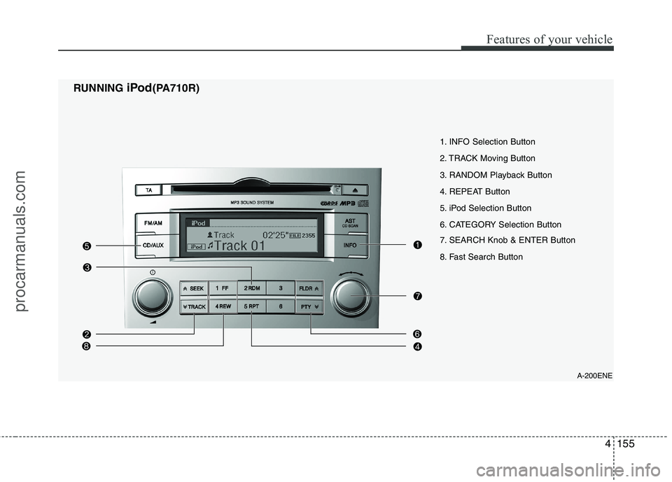 HYUNDAI VERACRUZ 2011  Owners Manual 4155
Features of your vehicle
1. INFO Selection Button 
2. TRACK Moving Button
3. RANDOM Playback Button
4. REPEAT Button
5. iPod Selection Button
6. CATEGORY Selection Button 
7. SEARCH Knob & ENTER 