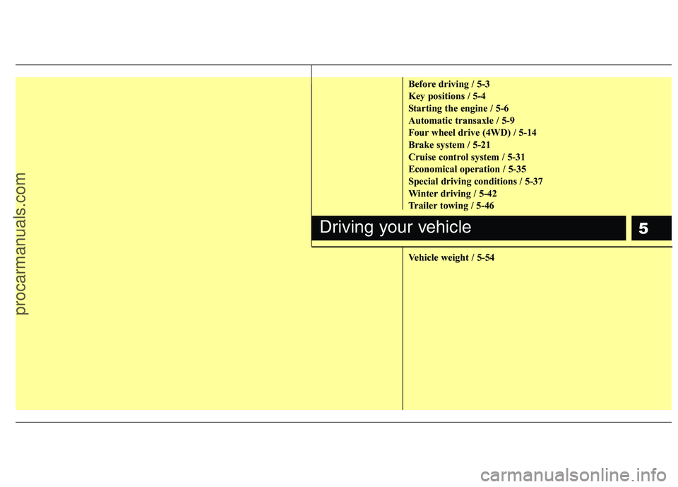 HYUNDAI VERACRUZ 2011  Owners Manual 5
Before driving / 5-3 
Key positions / 5-4
Starting the engine / 5-6
Automatic transaxle / 5-9
Four wheel drive (4WD) / 5-14
Brake system / 5-21
Cruise control system / 5-31
Economical operation / 5-