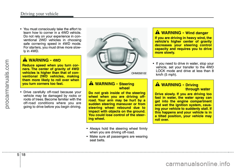 HYUNDAI VERACRUZ 2011  Owners Manual Driving your vehicle
18
5
 You must consciously take the effort to
learn how to corner in a 4WD vehicle. 
Do not rely on your experience in con-
ventional 2WD vehicles in choosing
safe cornering speed