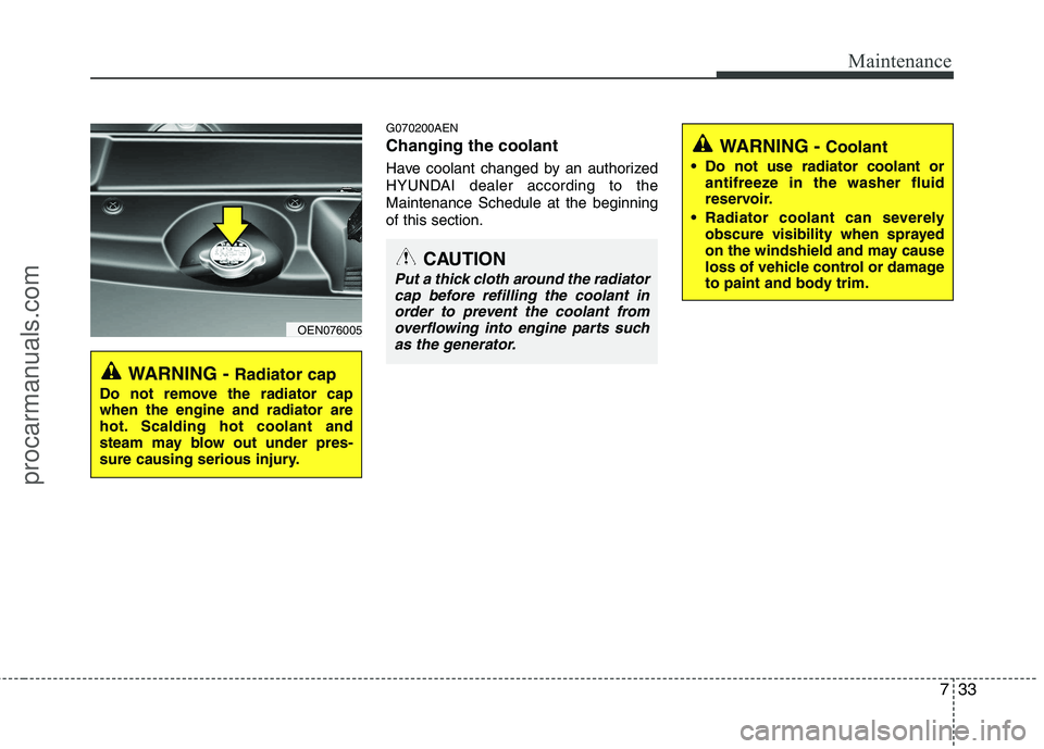 HYUNDAI VERACRUZ 2011  Owners Manual 733
Maintenance
G070200AEN Changing the coolant 
Have coolant changed by an authorized 
HYUNDAI dealer according to theMaintenance Schedule at the beginningof this section.
WARNING - Radiator cap
Do n