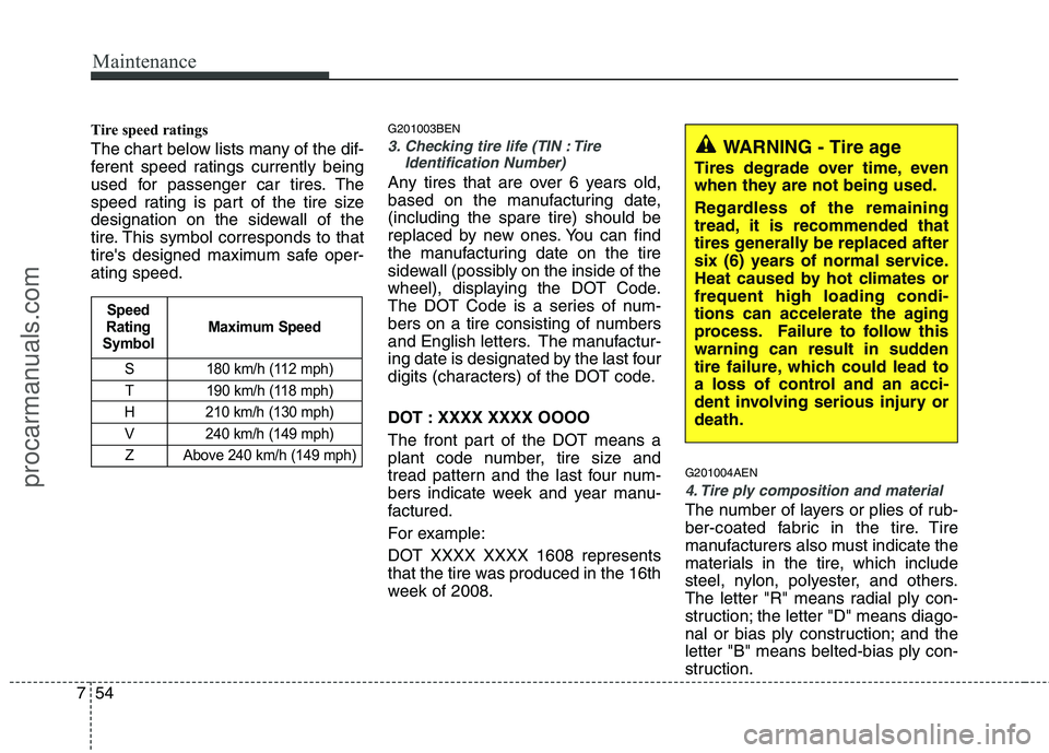 HYUNDAI VERACRUZ 2011  Owners Manual Maintenance
54
7
Tire speed ratings   
The chart below lists many of the dif- 
ferent speed ratings currently being
used for passenger car tires. The
speed rating is part of the tire size
designation 