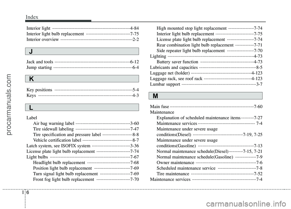 HYUNDAI VERACRUZ 2011  Owners Manual Index
6
I
Interior light  ···································································4-84 
Interior light bulb replacement  