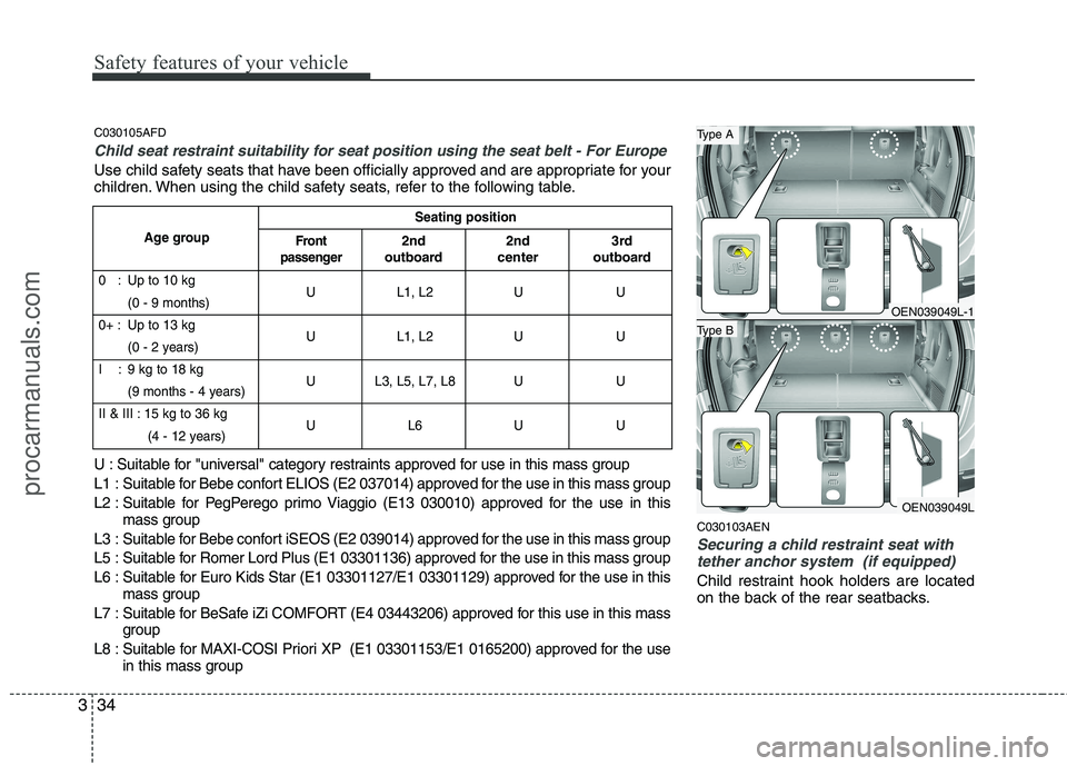 HYUNDAI VERACRUZ 2011 Owners Manual Safety features of your vehicle
34
3
C030103AEN
Securing a child restraint seat with
tether anchor system (if equipped)
Child restraint hook holders are located
on the back of the rear seatbacks.
C0 HYUNDAI VERACRUZ 2011 Owners Manual Safety features of your vehicle
34
3
C030103AEN
Securing a child restraint seat with
tether anchor system (if equipped)
Child restraint hook holders are located
on the back of the rear seatbacks.
C0