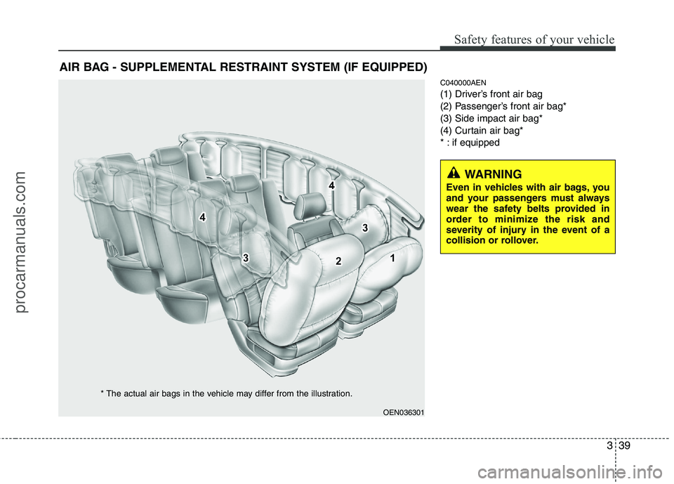 HYUNDAI VERACRUZ 2011  Owners Manual 339
Safety features of your vehicle
C040000AEN 
(1) Driver’s front air bag
(2) Passenger’s front air bag*(3) Side impact air bag*
(4) Curtain air bag*
* : if equipped
AIR BAG - SUPPLEMENTAL RESTRA