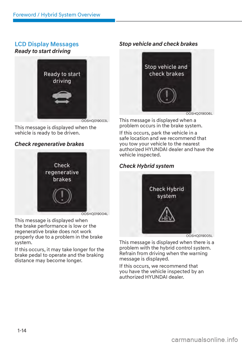 HYUNDAI ELANTRA HYBRID 2023  Owners Manual Foreword / Hybrid System Overview1-14
LCD Display Messages
Ready to start driving
OOSHQ019003L
This message is displayed when the 
vehicle is ready to be driven.
Check regenerative brakes
OOSHQ019004L
