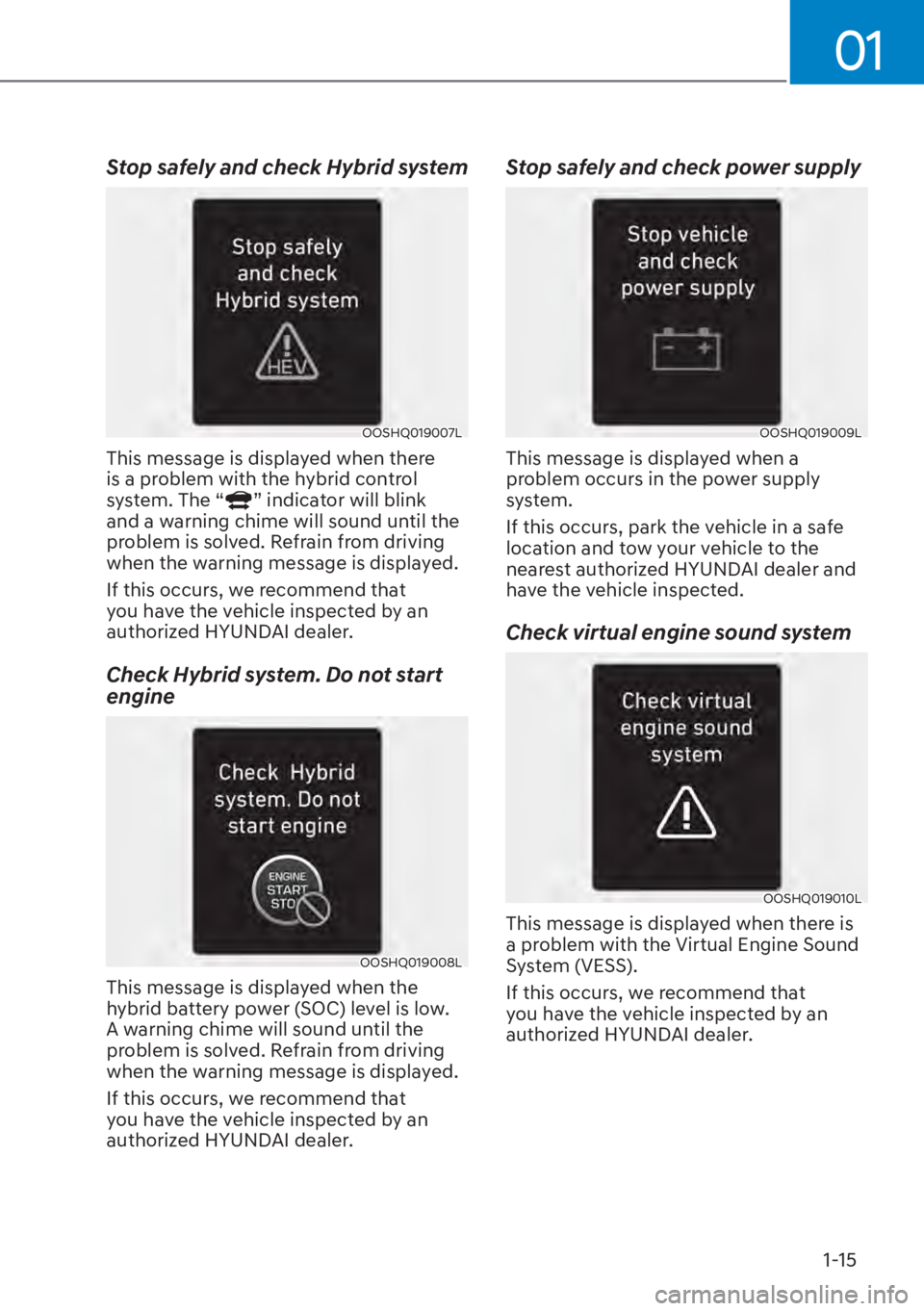 HYUNDAI ELANTRA HYBRID 2023  Owners Manual 01
1-15
Stop safely and check Hybrid system
OOSHQ019007L
This message is displayed when there 
is a problem with the hybrid control 
system. The “
” indicator will blink 
and a warning chime will 