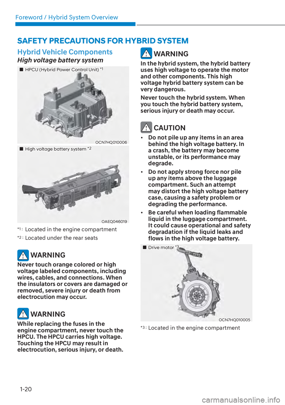 HYUNDAI ELANTRA HYBRID 2023  Owners Manual Foreword / Hybrid System Overview1-20
SAFETY PRECAUTIONS FOR HYBRID SYSTEM
Hybrid Vehicle Components
High voltage battery system
��„HPCU (Hybrid Power Control Unit) *1
OCN7HQ010006
��„High volta