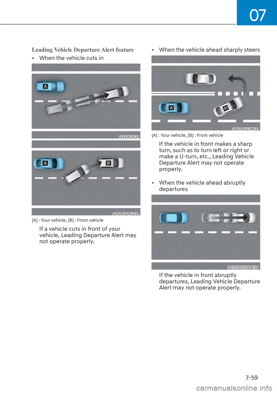 HYUNDAI ELANTRA HYBRID 2023  Owners Manual 07
7-59
Leading Vehicle Departure Alert feature
[�When the v
 ehicle cuts in
OADAS021
OADAS042SD[A] : Your vehicle, [B] : Front vehicle
If a vehicle cuts in front of your 
vehicle, Leading Departure