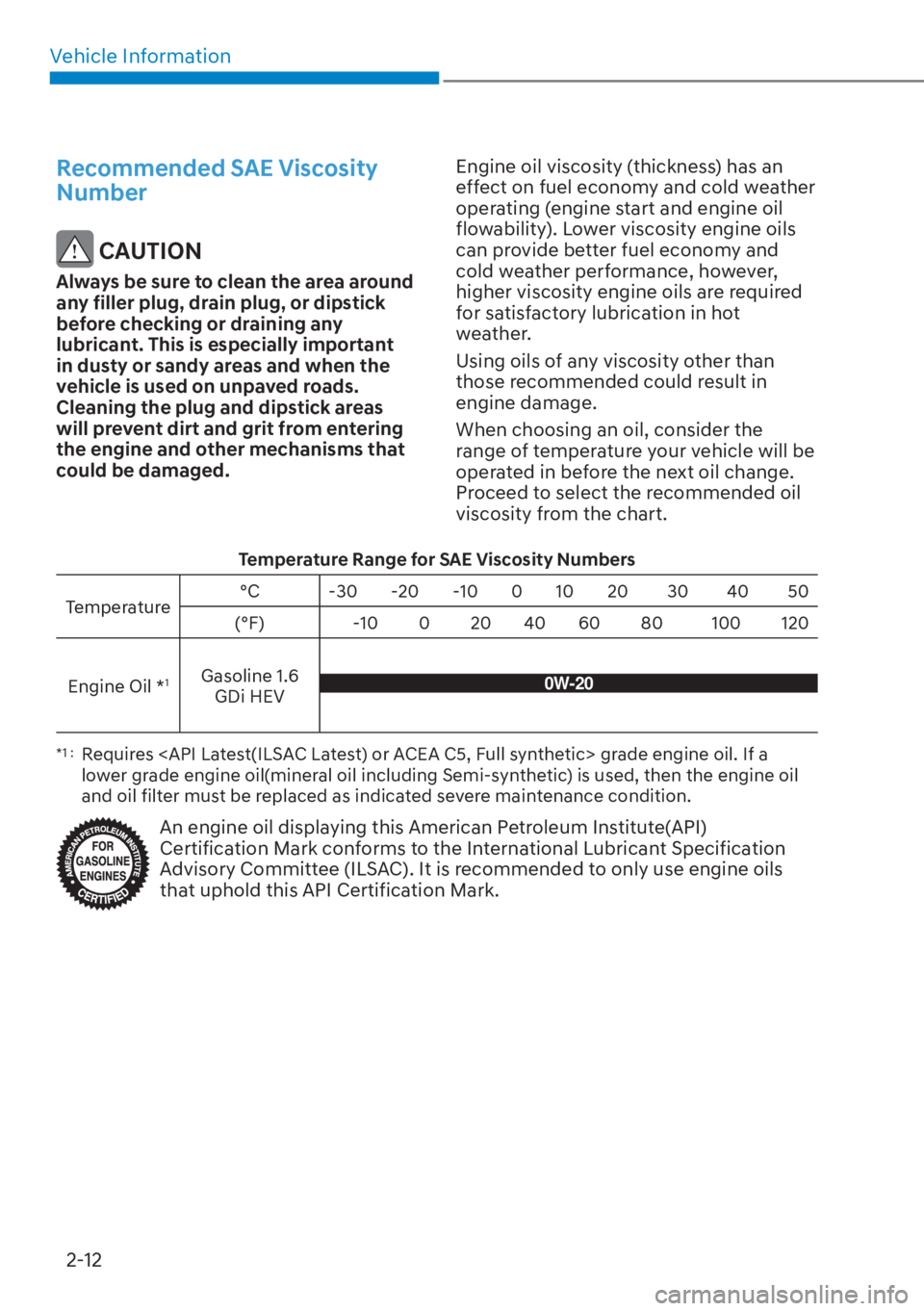 HYUNDAI ELANTRA HYBRID 2023  Owners Manual Vehicle Information2-12
Recommended SAE Viscosity 
Number
 CAUTION
Always be sure to clean the area around 
any filler plug, drain plug, or dipstick 
before checking or draining any 
lubricant. This i
