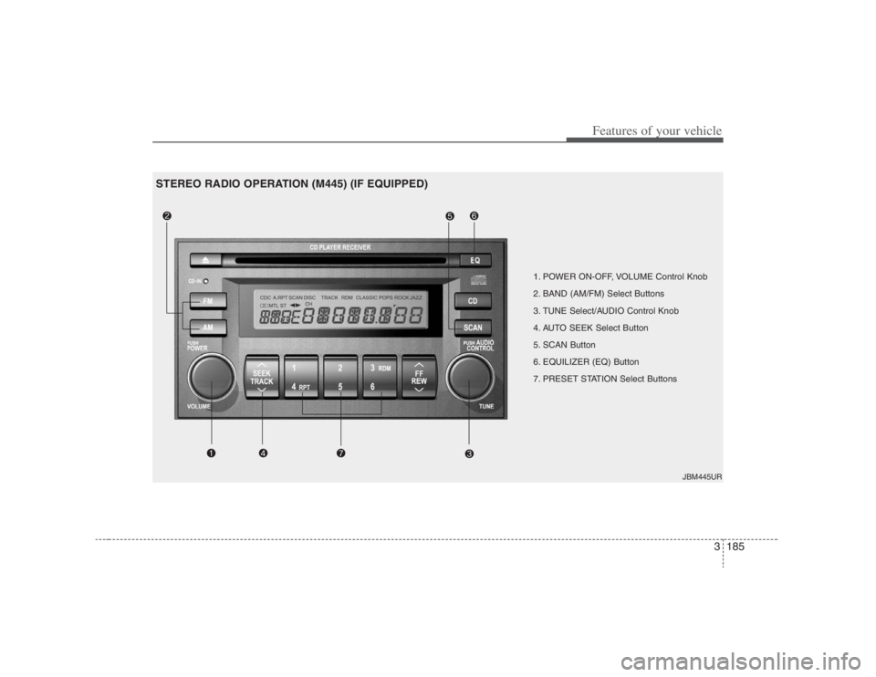 HYUNDAI ENTOURAGE 2007  Owners Manual 3185
Features of your vehicle
1. POWER ON-OFF, VOLUME Control Knob
2. BAND (AM/FM) Select Buttons 
3. TUNE Select/AUDIO Control Knob
4. AUTO SEEK Select Button
5. SCAN Button
6. EQUILIZER (EQ) Button
