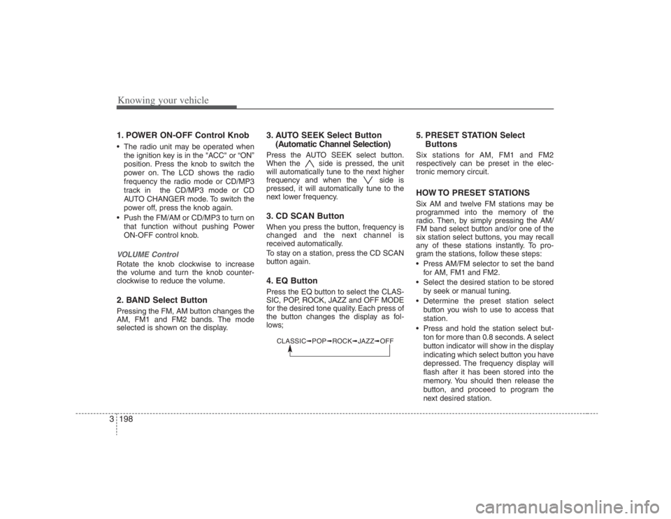 HYUNDAI ENTOURAGE 2008  Owners Manual Knowing your vehicle198 31. POWER ON-OFF Control Knob The radio unit may be operated when
the ignition key is in the "ACC" or “ON”
position. Press the knob to switch the
power on. The LCD shows th