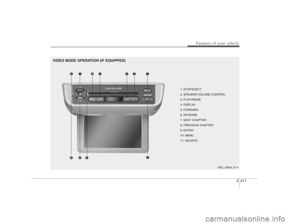 HYUNDAI ENTOURAGE 2008  Owners Manual 3211
Features of your vehicle
VIDEO MODE OPERATION (IF EQUIPPED)
1. STOP/EJECT
2. SPEAKER VOLUME CONTROL
3. PLAY/PAUSE
4. DISPLAY
5. FORWARD
6. REVERSE
7. NEXT CHAPTER
8. PREVIOUS CHAPTER
9. ENTER
10.