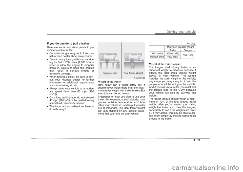 HYUNDAI ENTOURAGE 2008  Owners Manual 439
Driving your vehicle
If you do decide to pull a trailerHere are some important points if you
decide to pull a trailer:
 Consider using a sway control. You can
ask a hitch dealer about sway control