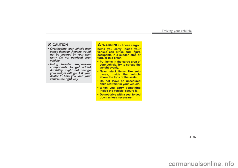 HYUNDAI ENTOURAGE 2008  Owners Manual 445
Driving your vehilcle
WARNING - 
Loose cargo
Items you carry inside your
vehicle can strike and injure
occupants in a sudden stop or
turn, or in a crash.
 Put items in the cargo area of
your vehic