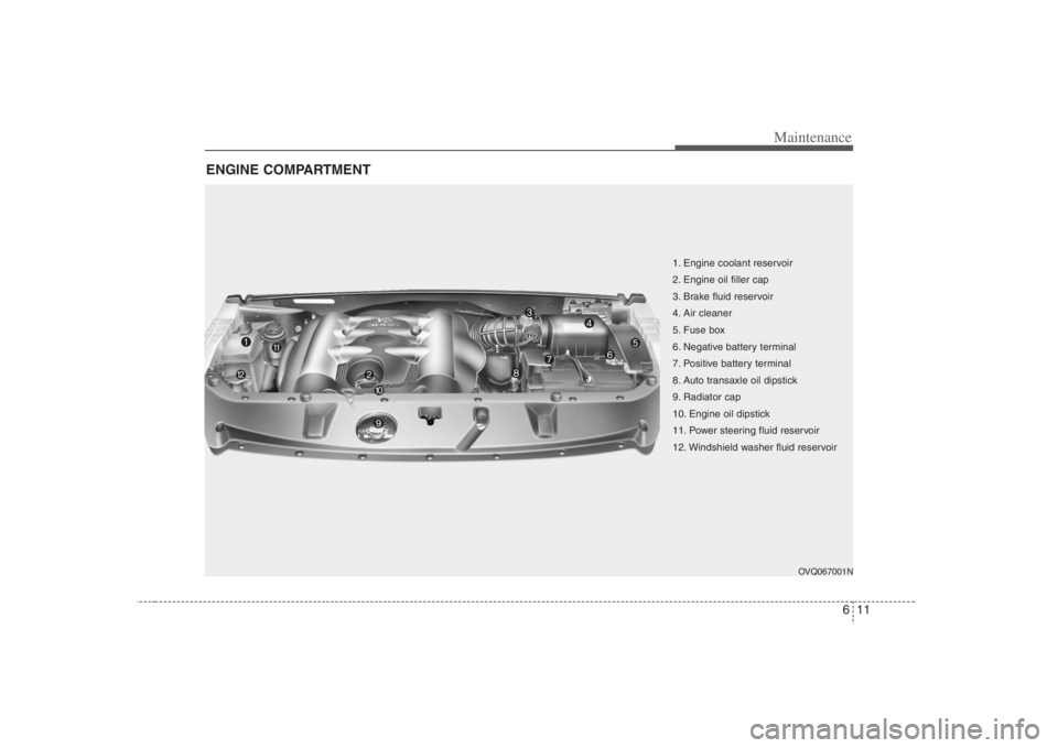 HYUNDAI ENTOURAGE 2008  Owners Manual 611
Maintenance
ENGINE COMPARTMENT 
OVQ067001N
1. Engine coolant reservoir
2. Engine oil filler cap
3. Brake fluid reservoir
4. Air cleaner
5. Fuse box
6. Negative battery terminal
7. Positive battery
