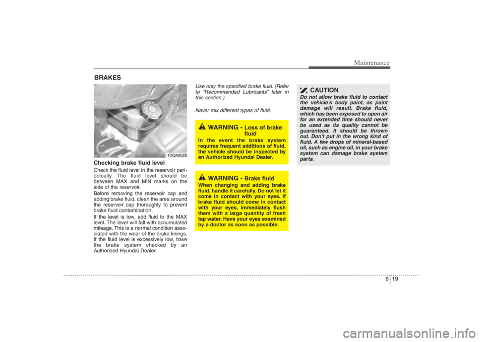 HYUNDAI ENTOURAGE 2008  Owners Manual 619
Maintenance
BRAKESChecking brake fluid level  Check the fluid level in the reservoir peri-
odically. The fluid level should be
between MAX and MIN marks on the
side of the reservoir.
Before removi