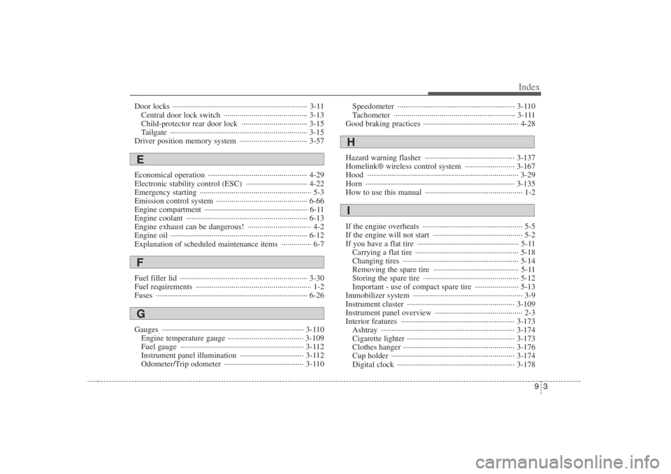 HYUNDAI ENTOURAGE 2008  Owners Manual 93
Index
Door locks ···································································· 3-11
Central door lock switch  ······