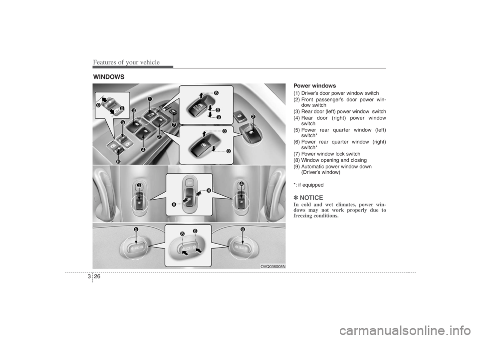 HYUNDAI ENTOURAGE 2008  Owners Manual Features of your vehicle26 3
Power windows (1) Driver’s door power window switch
(2) Front passenger’s door power win-
dow switch
(3) Rear door (left) power window  switch
(4) Rear door (right) po