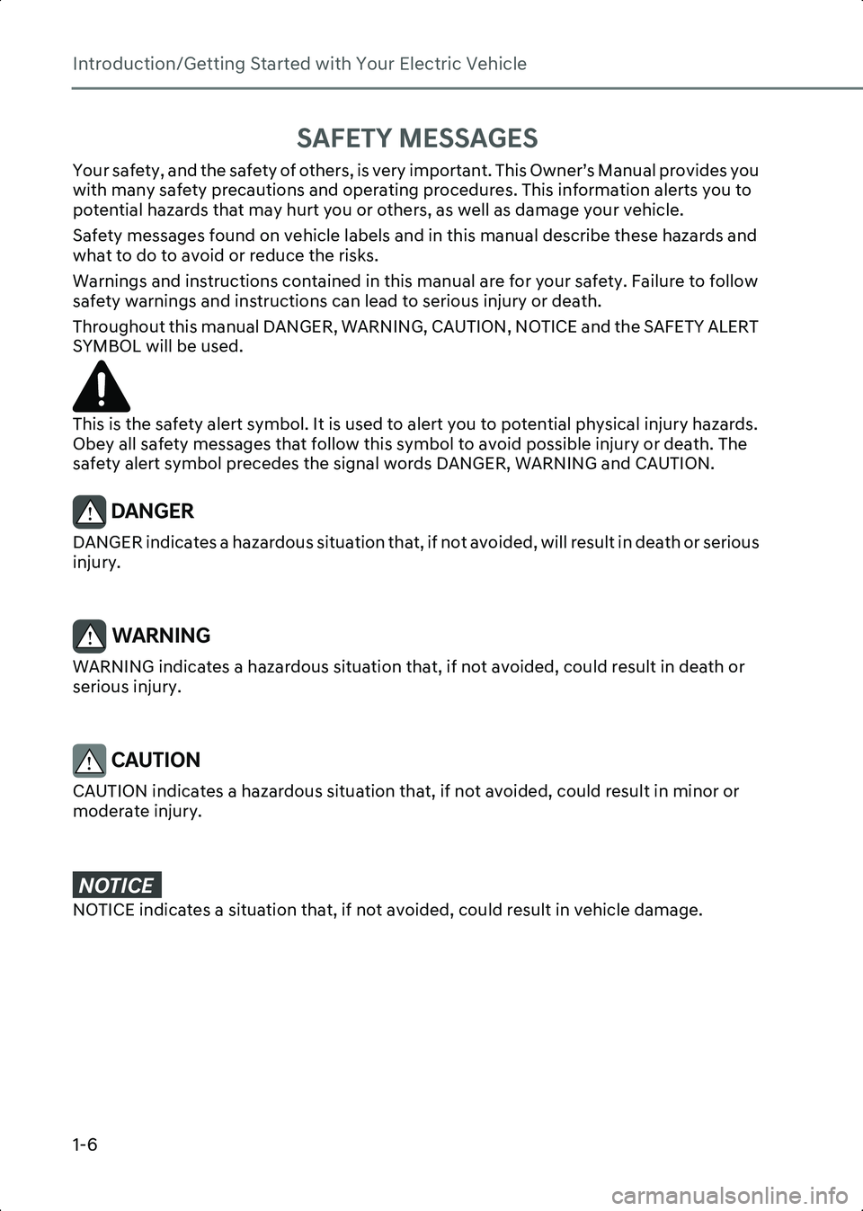 HYUNDAI IONIQ 6 2023  Owners Manual Introduction/Getting Started with Your Electric Vehicle
1-6
SAFETY MESSAGES
Your safety, and the safety of others, is very important. This Owner’s Manual provides you 
with many safety precautions a