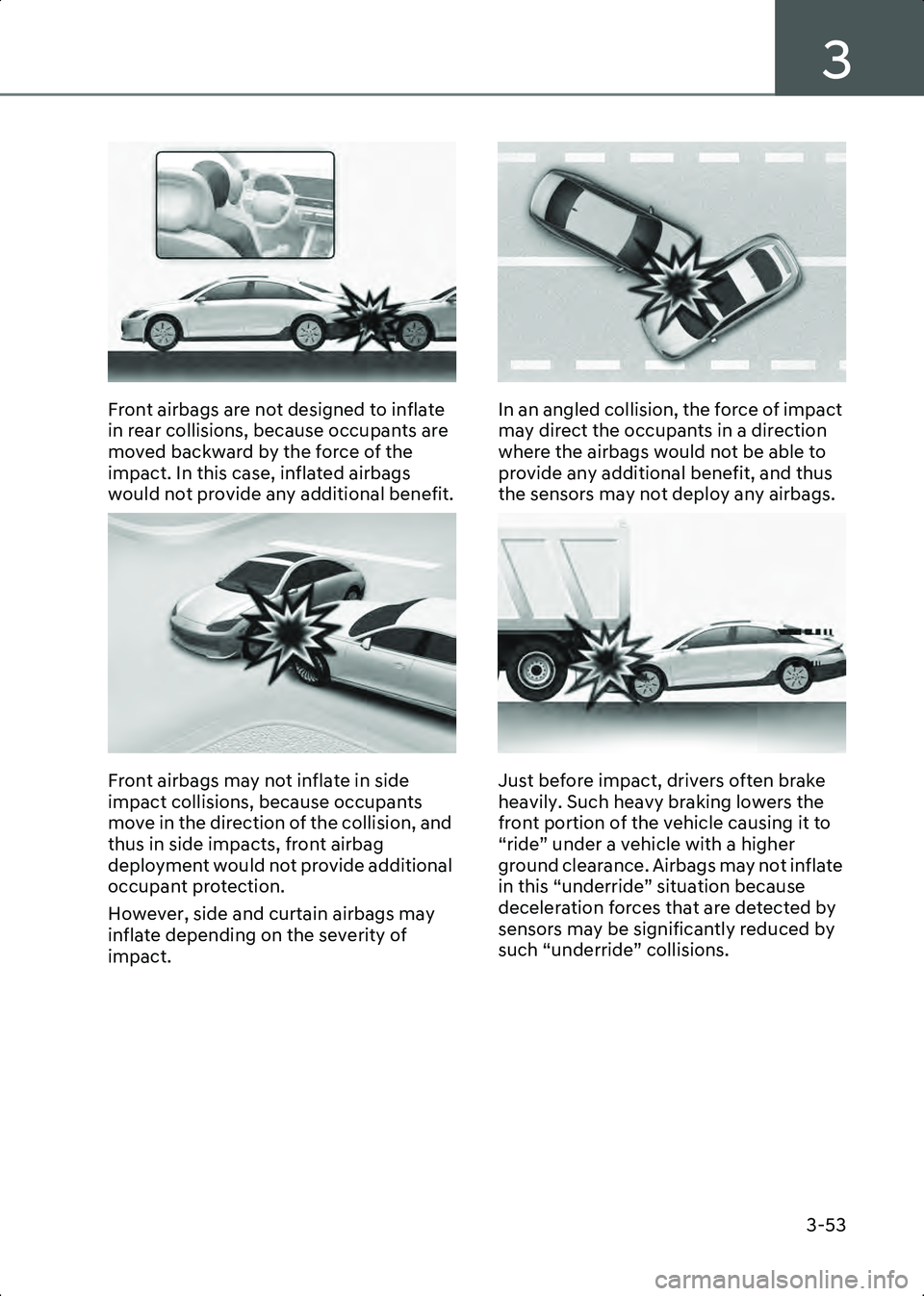 HYUNDAI IONIQ 6 2023  Owners Manual 3
3-53
B3003405
Front airbags are not designed to inflate 
in rear collisions, because occupants are 
moved backward by the force of the 
impact. In this case, inflated airbags 
would not provide any 