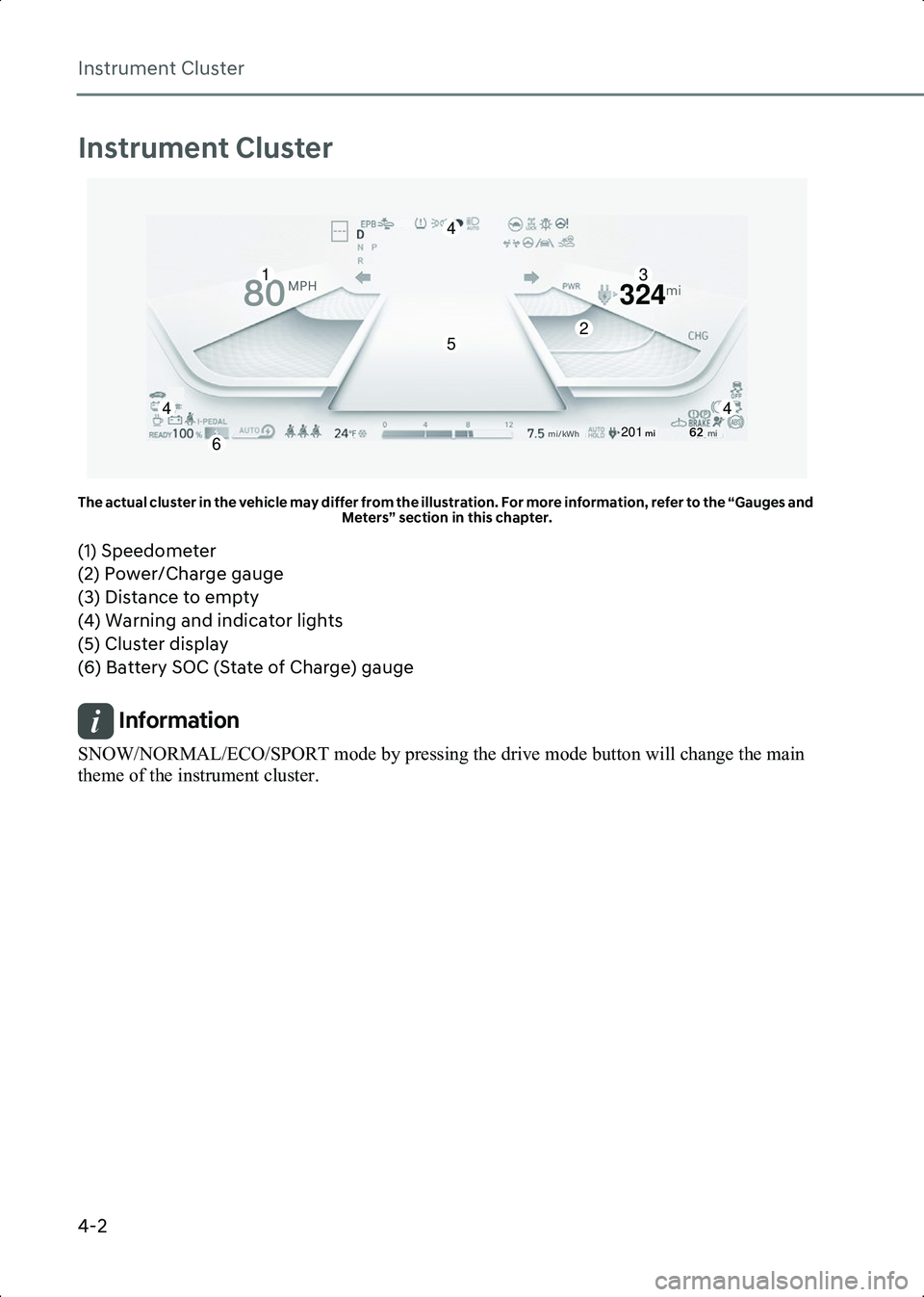 HYUNDAI IONIQ 6 2023  Owners Manual Instrument Cluster
4-2
Instrument Cluster
A4000101The actual cluster in the vehicle may differ from the illustration. For more information, refer to the “Gauges and Meters” section in this chapter