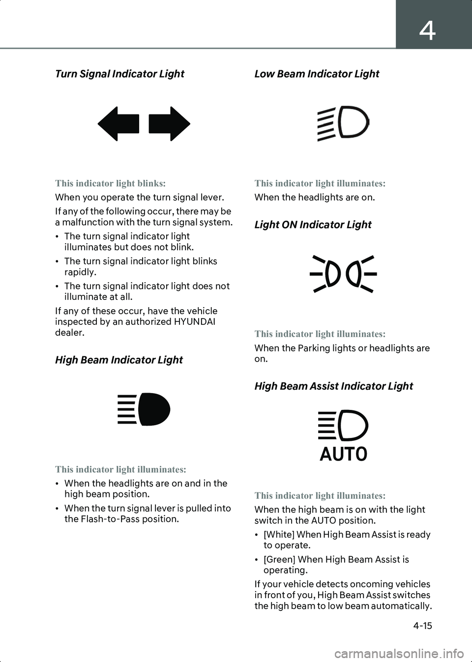 HYUNDAI IONIQ 6 2023  Owners Manual 4
4-15
Turn Signal Indicator Light
WL_TurnSignalLamp
This indicator light blinks:
When you operate the turn signal lever.
If any of the following occur, there may be 
a malfunction with the turn signa