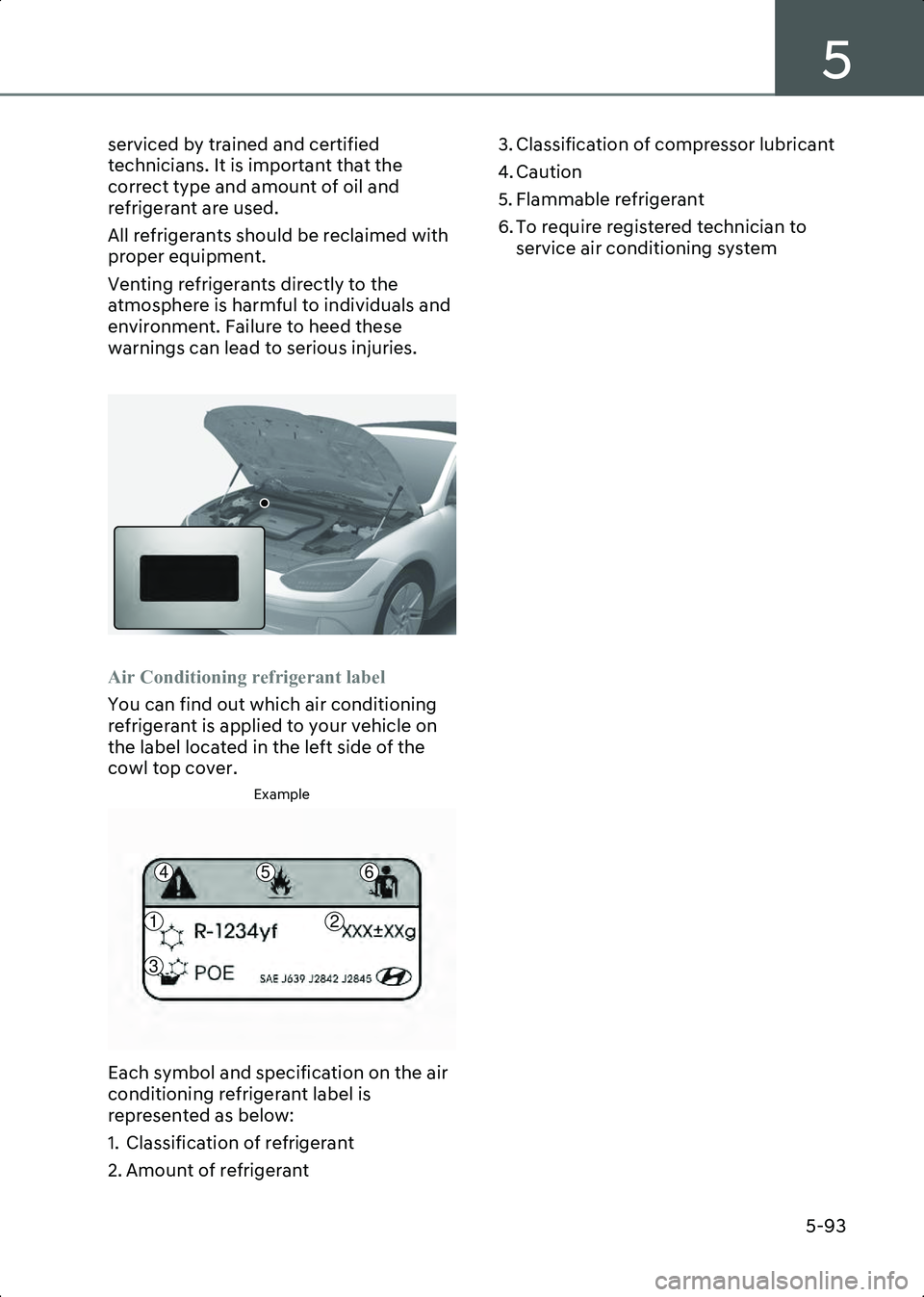 HYUNDAI IONIQ 6 2023  Owners Manual 5
5-93
serviced by trained and certified 
technicians. It is important that the 
correct type and amount of oil and 
refrigerant are used.
All refrigerants should be reclaimed with 
proper equipment.
