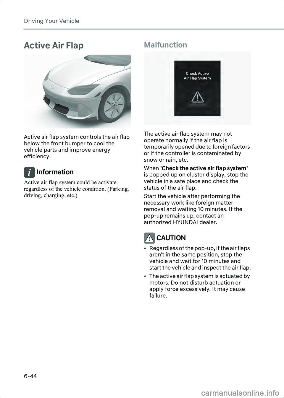 HYUNDAI IONIQ 6 2023  Owners Manual Driving Your Vehicle
6-44
Active Air Flap
B6014001
Active air flap system controls the air flap 
below the front bumper to cool the 
vehicle parts and improve energy 
efficiency.
Information Active ai