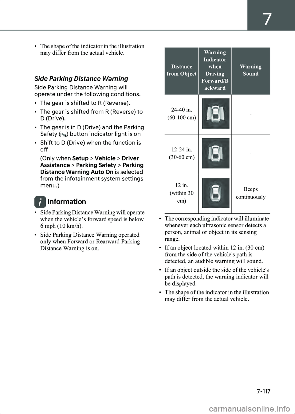 HYUNDAI IONIQ 6 2023  Owners Manual 7
7-117
• The shape of the indicator in the illustration may differ from the actual vehicle.
 
Side Parking Distance Warning
Side Parking Distance Warning will 
operate under the following condition