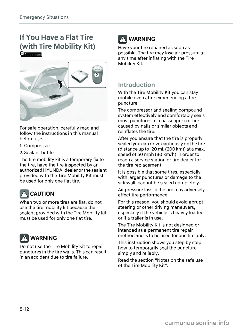 HYUNDAI IONIQ 6 2023  Owners Manual Emergency Situations
8-12
If You Have a Flat Tire 
if equipped
(with Tire Mobility Kit)
B8002501
For safe operation, carefully read and 
follow the instructions in this manual 
before use.
1. Compress