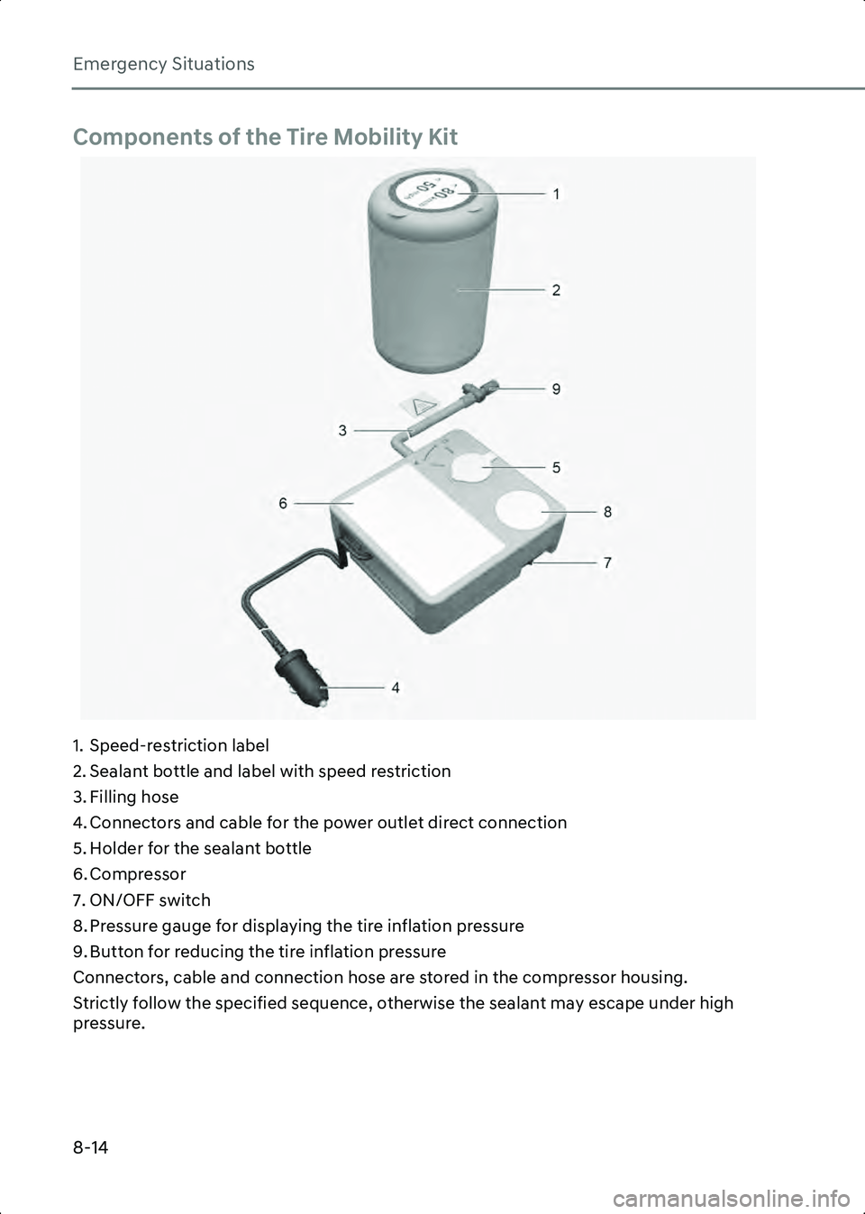 HYUNDAI IONIQ 6 2023  Owners Manual Emergency Situations
8-14
Components of the Tire Mobility Kit
A8002501
1. Speed-restriction label
2. Sealant bottle and label with speed restriction
3. Filling hose
4. Connectors and cable for the pow