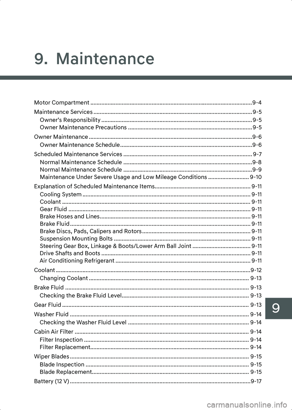 HYUNDAI IONIQ 6 2023  Owners Manual 9
9.  Maintenance
Motor Compartment ....................................................................................................... 9-4
Maintenance Services ...................................