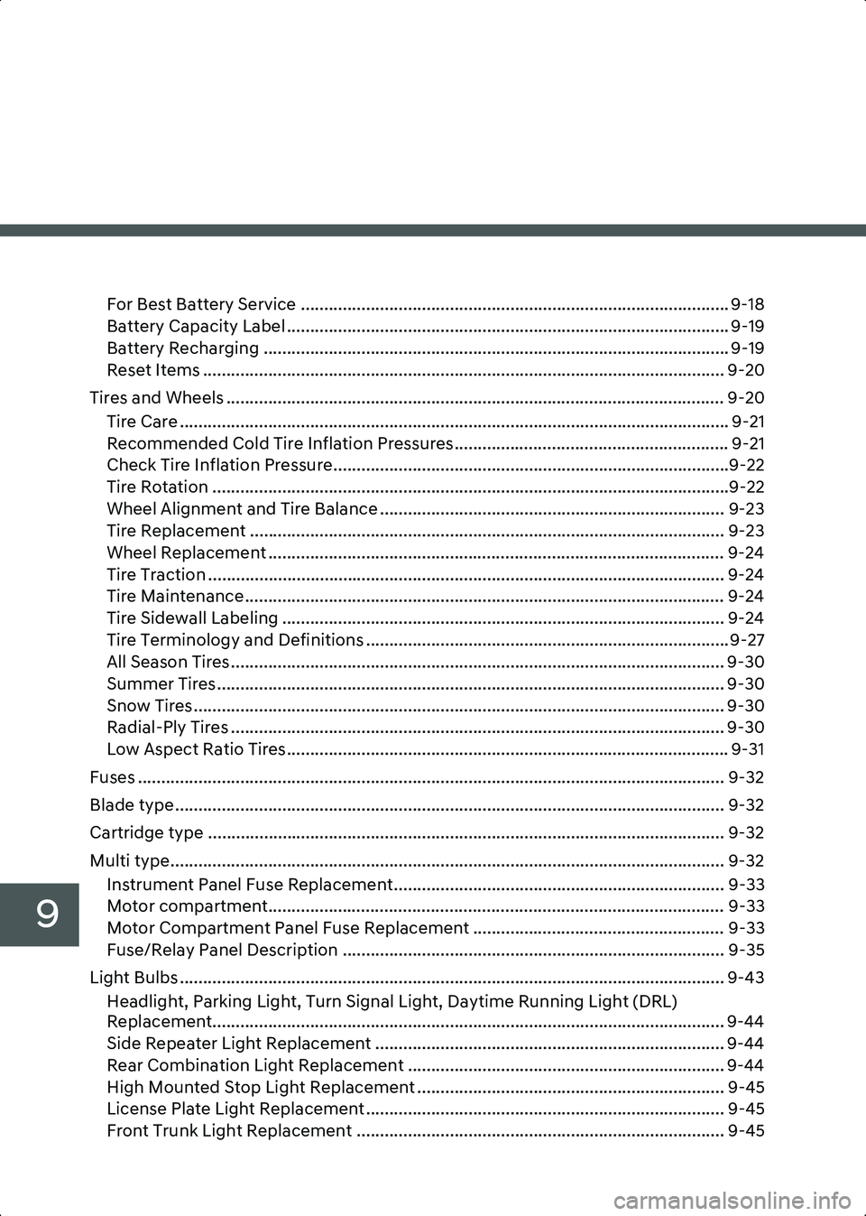 HYUNDAI IONIQ 6 2023  Owners Manual 9
For Best Battery Service ............................................................................................ 9-18
Battery Capacity Label ....................................................