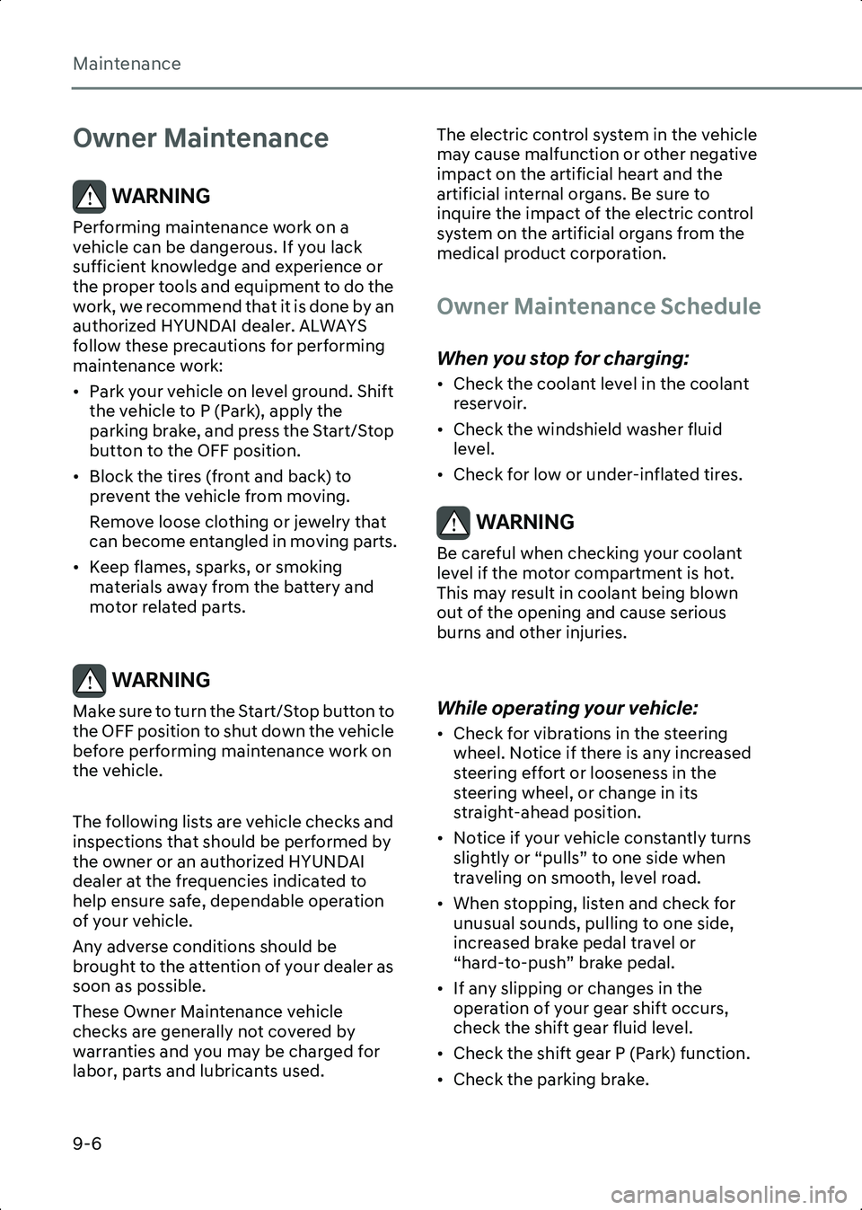 HYUNDAI IONIQ 6 2023  Owners Manual Maintenance
9-6
Owner Maintenance
WARNING Performing maintenance work on a 
vehicle can be dangerous. If you lack 
sufficient knowledge and experience or 
the proper tools and equipment to do the 
wor