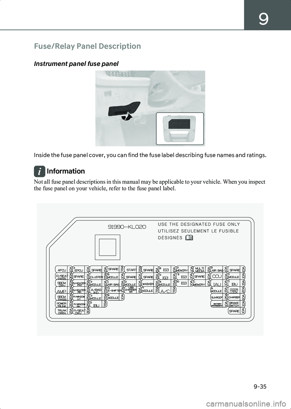 HYUNDAI IONIQ 6 2023  Owners Manual 9
9-35
Fuse/Relay Panel Description
Instrument panel fuse panel
B9006001
Inside the fuse panel cover, you can find the fuse label describing fuse names and ratings.
Information Not all fuse panel desc