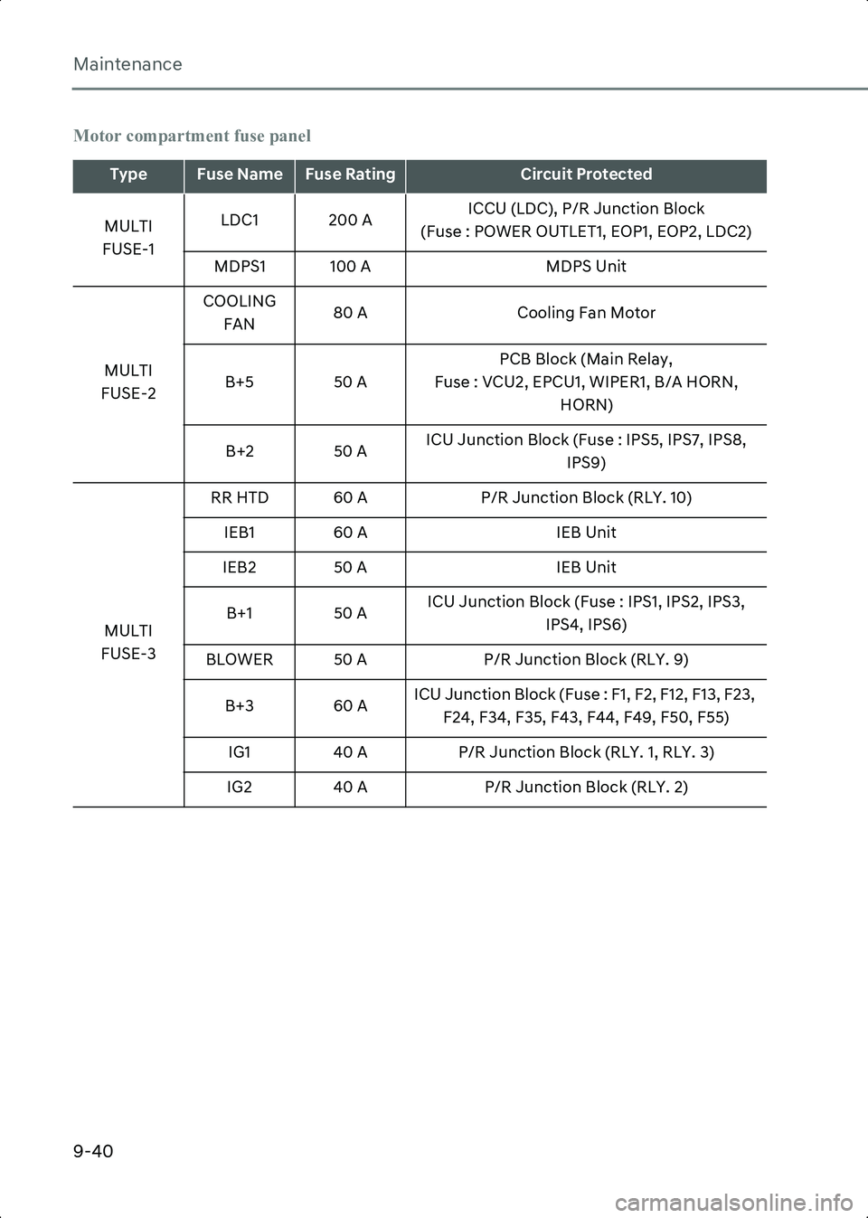 HYUNDAI IONIQ 6 2023  Owners Manual Maintenance
9-40
Motor compartment fuse panel
TypeFuse NameFuse RatingCircuit Protected
MULTI 
FUSE-1 LDC1 200 A
ICCU (LDC), P/R Junction Block
(Fuse : POWER OUTLET1, EOP1, EOP2, LDC2)
MDPS1 100 A MDP