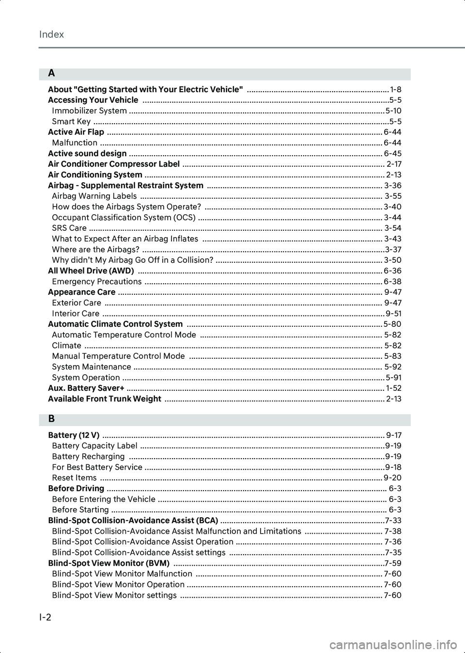 HYUNDAI IONIQ 6 2023  Owners Manual Index
I-2
A
About "Getting Started with Your Electric Vehicle"  ................................................................ 1-8
Accessing Your Vehicle   ..................................