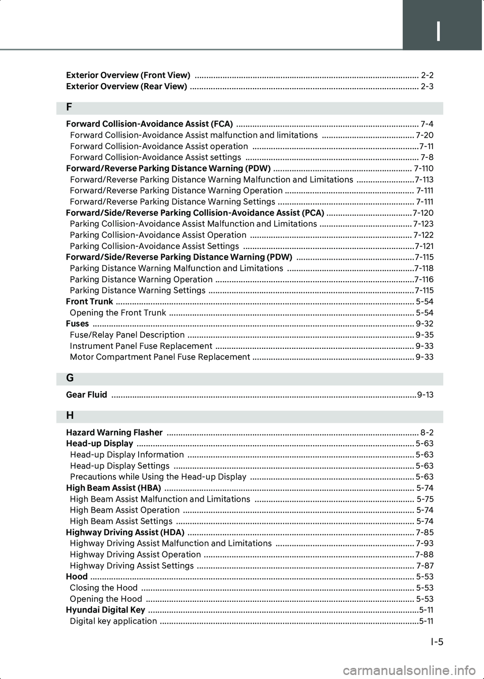 HYUNDAI IONIQ 6 2023  Owners Manual I
I-5
Exterior Overview (Front View)  ................................................................................................. 2-2
Exterior Overview (Rear View)   ............................
