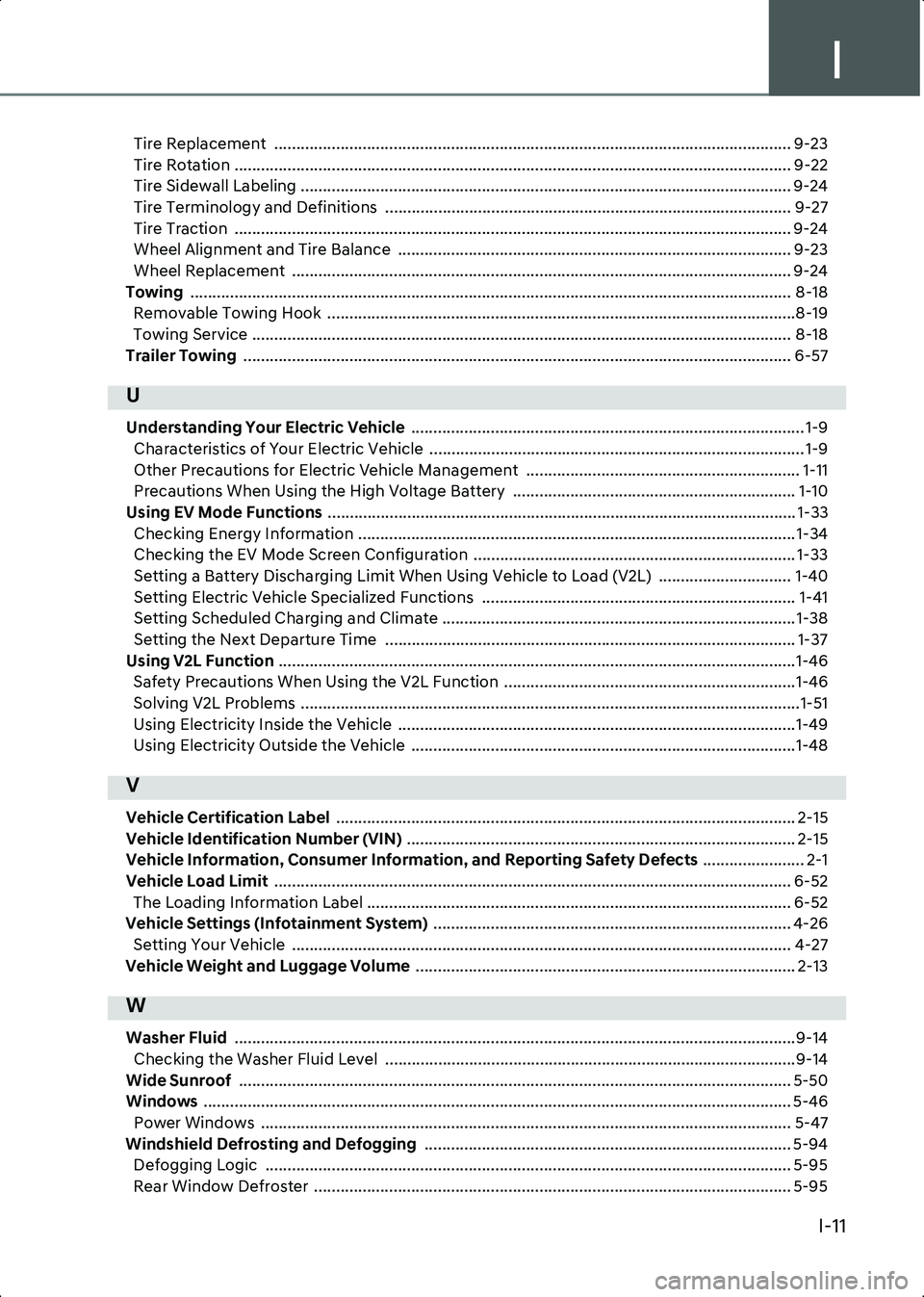 HYUNDAI IONIQ 6 2023  Owners Manual I
I-11
Tire Replacement  ..................................................................................................................... 9-23
Tire Rotation ......................................