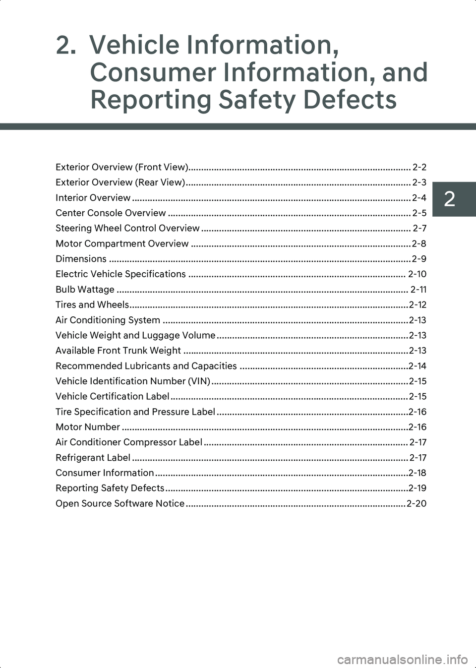HYUNDAI IONIQ 6 2023  Owners Manual 2
2.  Vehicle Information, Consumer Information, and 
Reporting Safety Defects
Exterior Overview (Front View)....................................................................................... 2-2