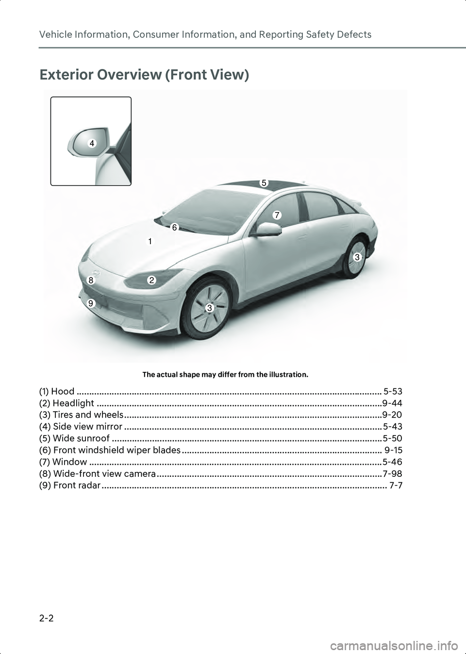HYUNDAI IONIQ 6 2023  Owners Manual Vehicle Information, Consumer Information, and Reporting Safety Defects
2-2
Exterior Overview (Front View)
A1000201The actual shape may differ from the illustration.
(1) Hood .........................